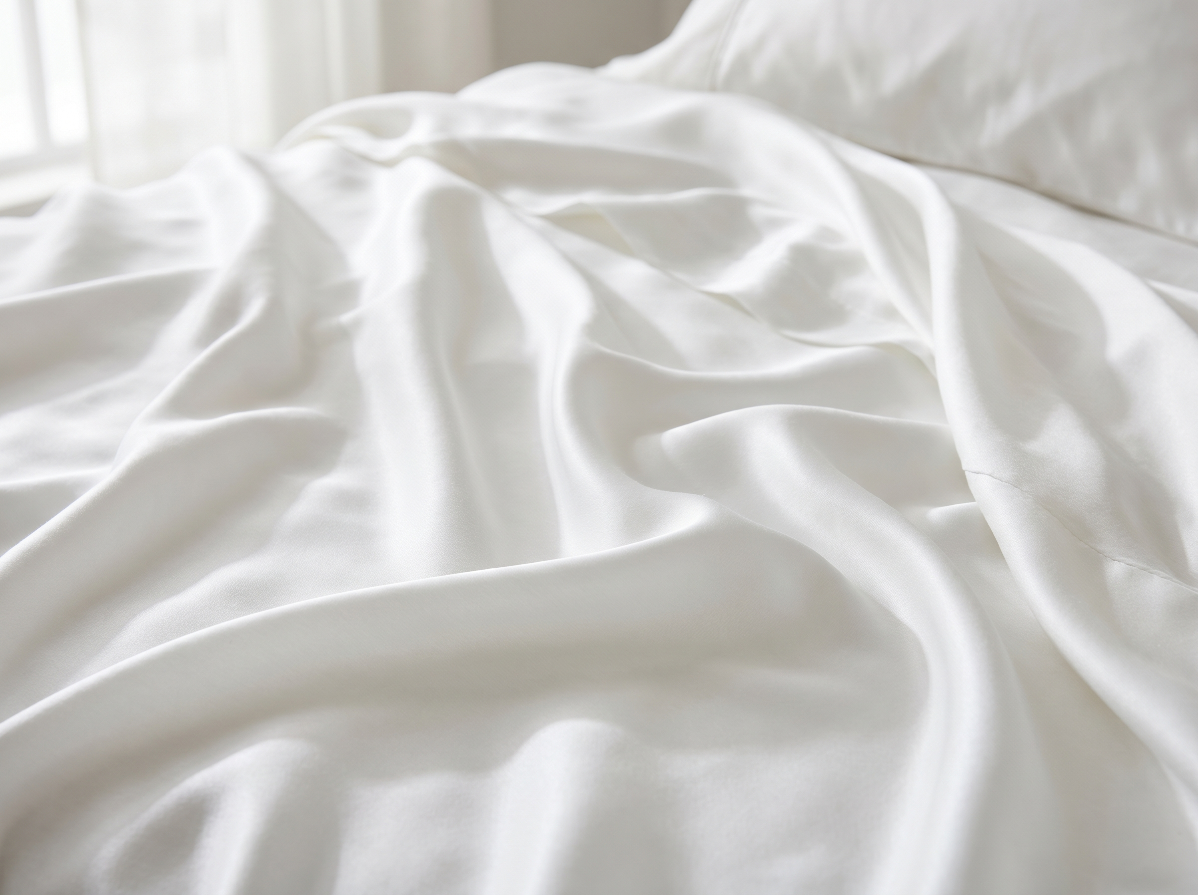 Close-up of silky white bamboo bedding sheets