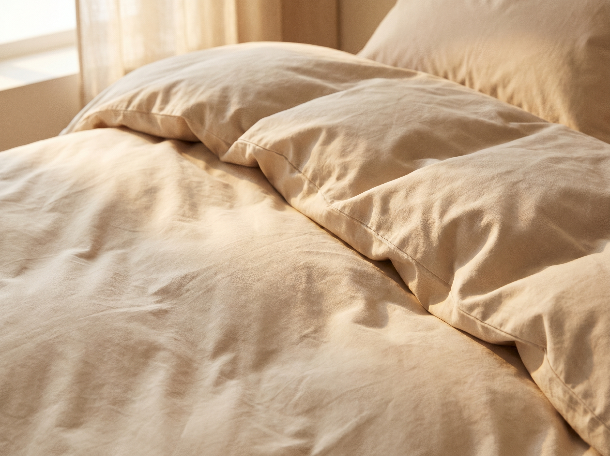 Close-up of soft beige cotton bedding sheets