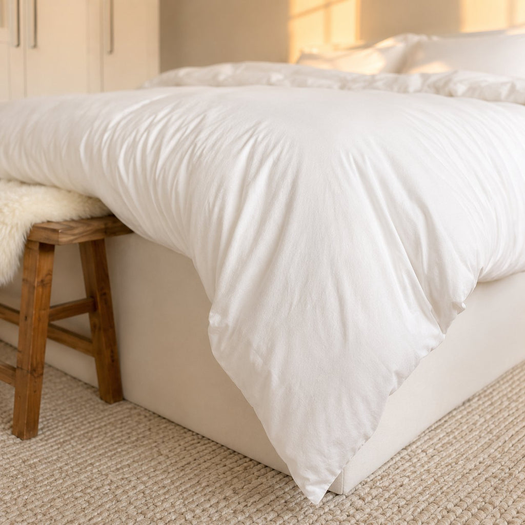 Close-up of the soft washed cotton duvet cover fabric and natural drape