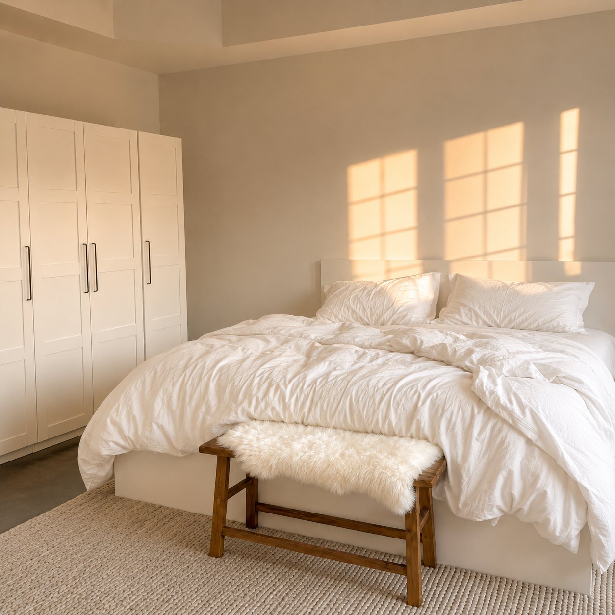White washed cotton duvet set styled on a bed in a warm minimalist bedroom