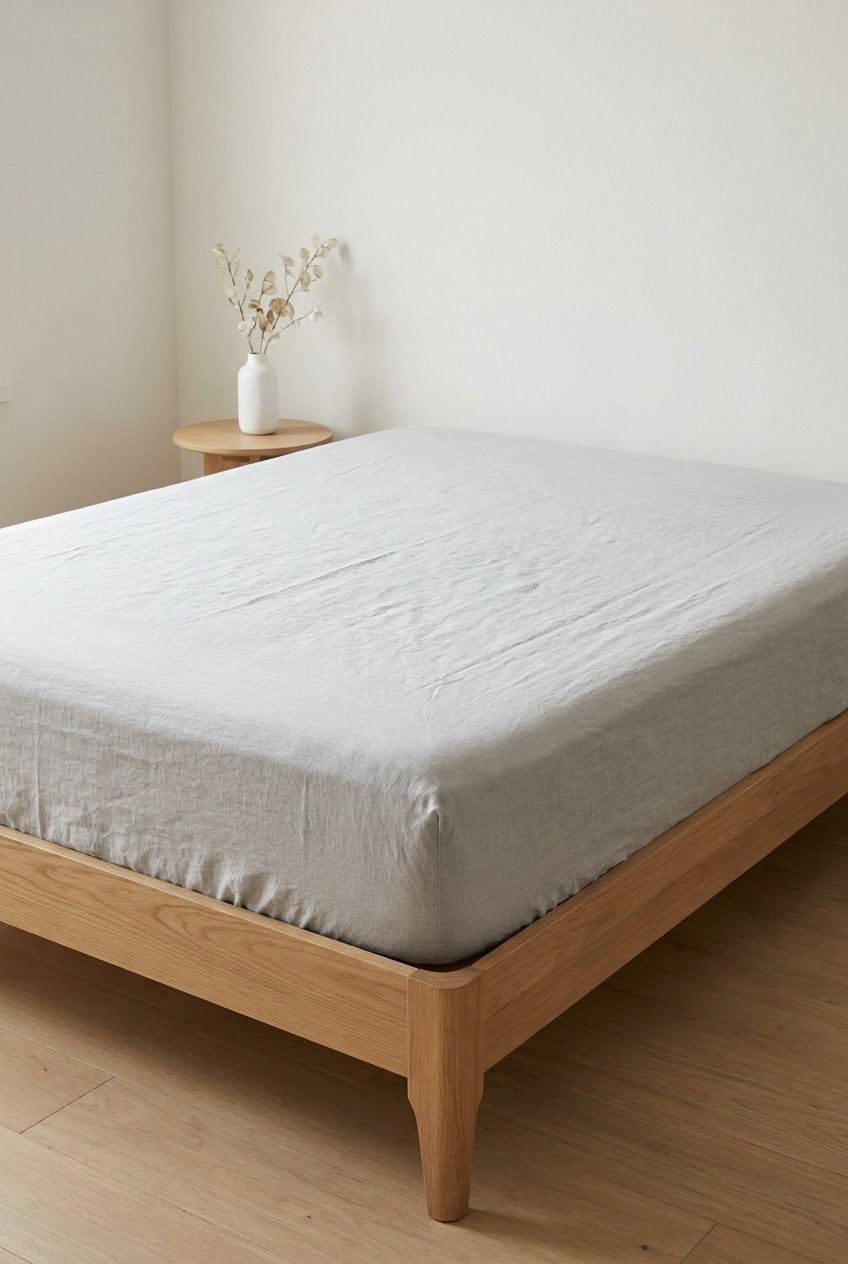 Premium linen fitted sheet in light grey — corner detail close-up
