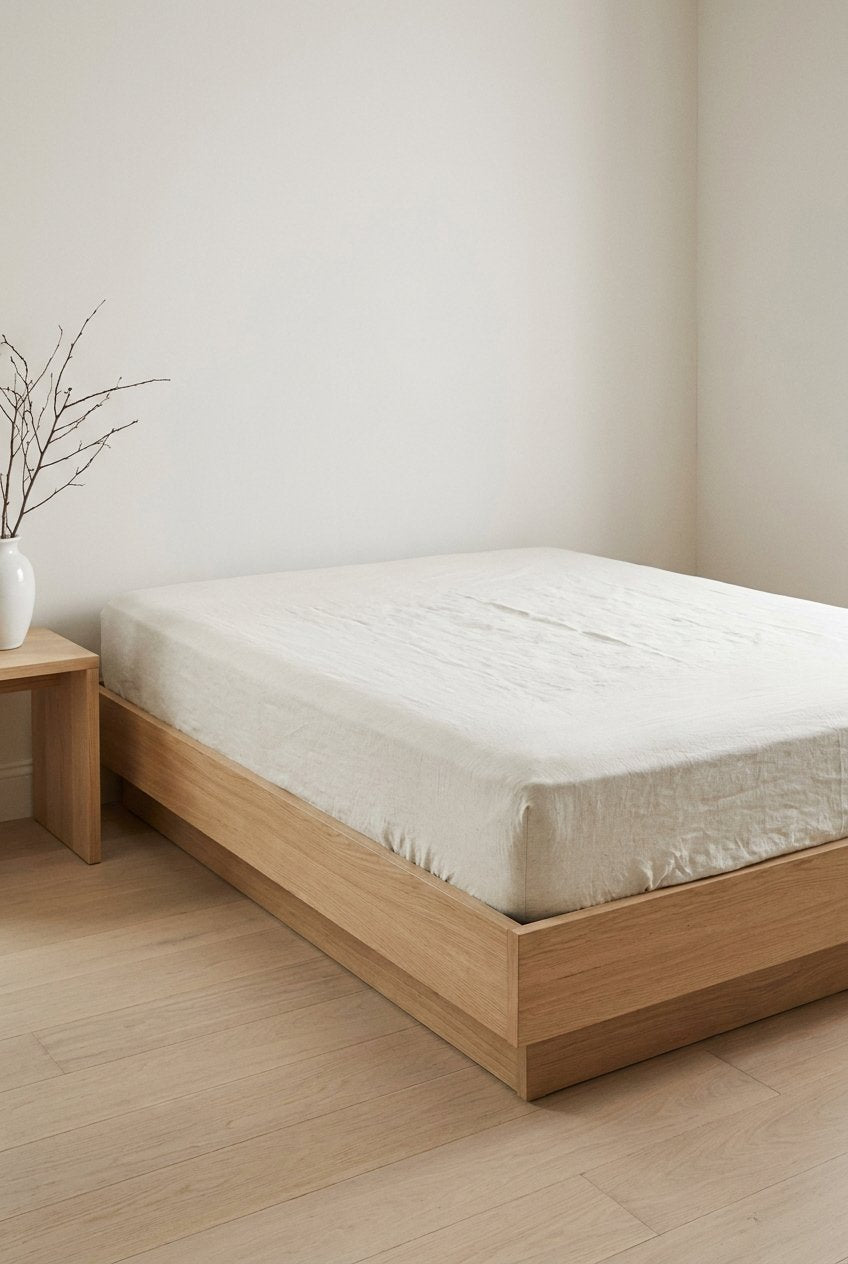 Premium linen fitted sheet in off-white — close-up corner on oak bed frame